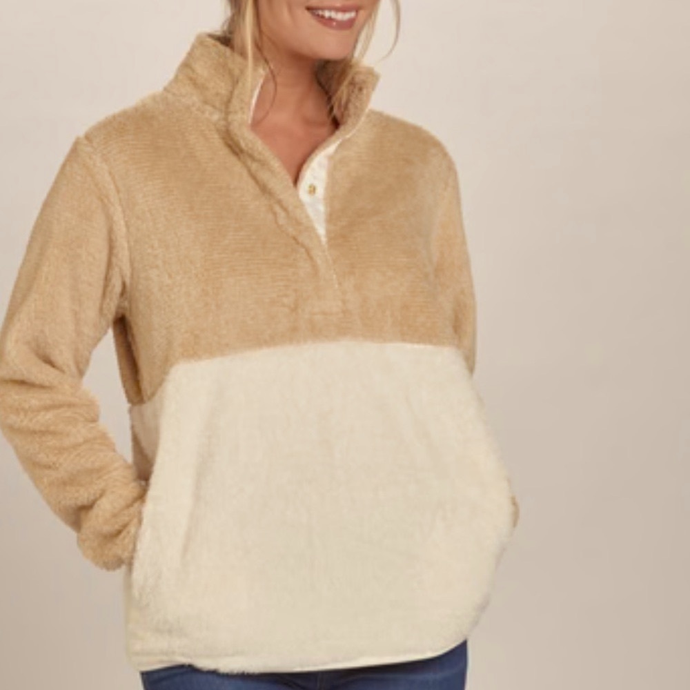 💥SALE💥 So Soft Cuddly Teddy Bear Quarter Snap Camel & Cream Jacket Coat Large